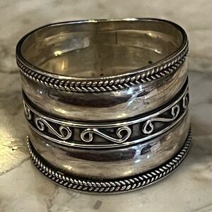 925 Sterling Silver Bali Rope & Swirl Cigar Band Ring